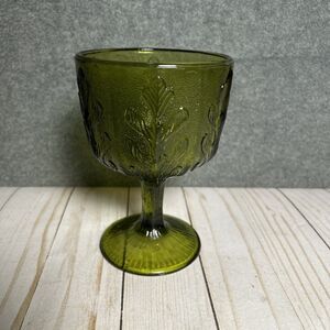 FTD 1975 Green Glass Goblet Footed Candy Dish Oak Leaf Pattern Vtg No Chips